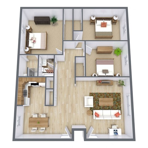 Floor plan for 3 beds, 2 baths, 1282 sqft